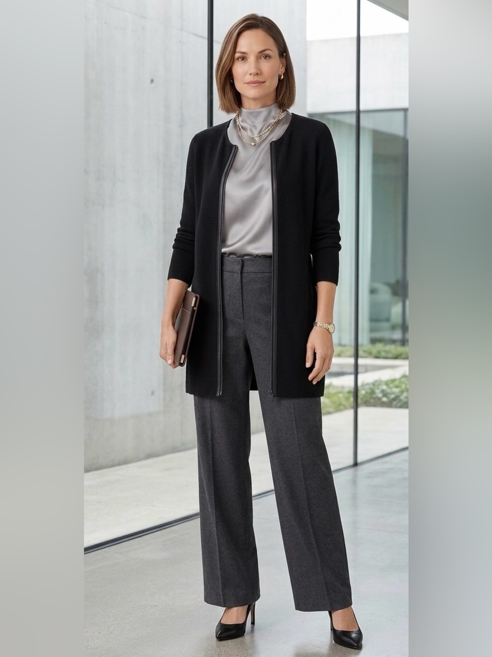 Eileen Fisher Silk Cotton Interlock Knit Leather Trim Zip Cardigan Sweater